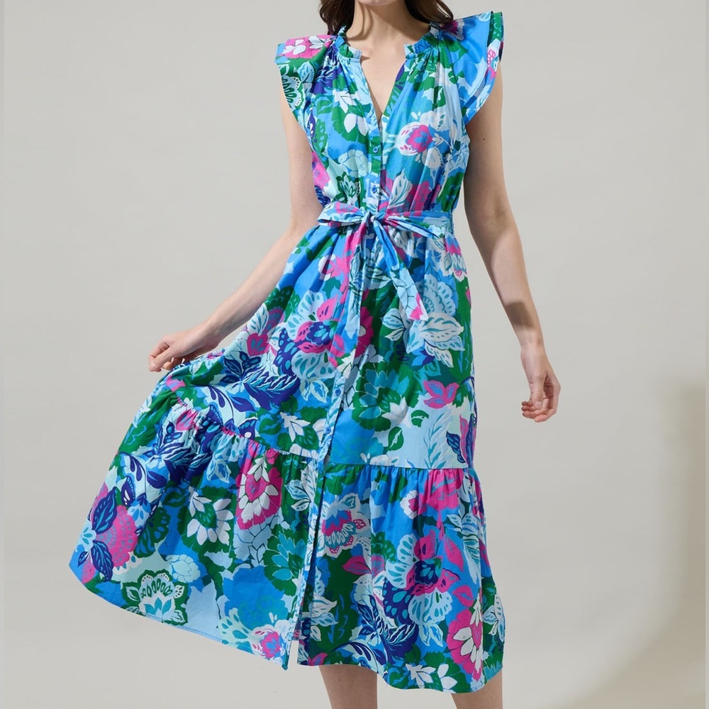 Sugarlips Lavera Floral Blue Pink Charlotte Button Flutter Sleeve Midi Dress S